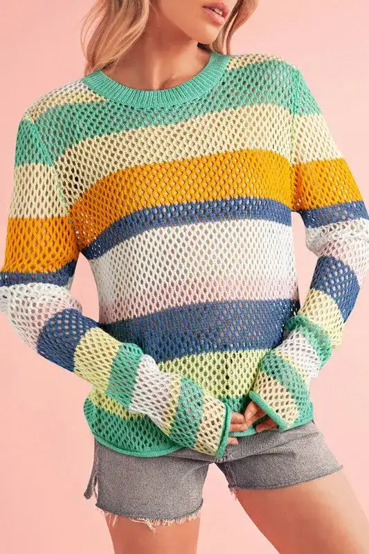 Colorblock Striped Hollow Knitted Top